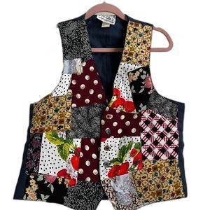 Vintage Getting Into Trouble Patchwork Vest Funky Grandpa Wool Cotton
